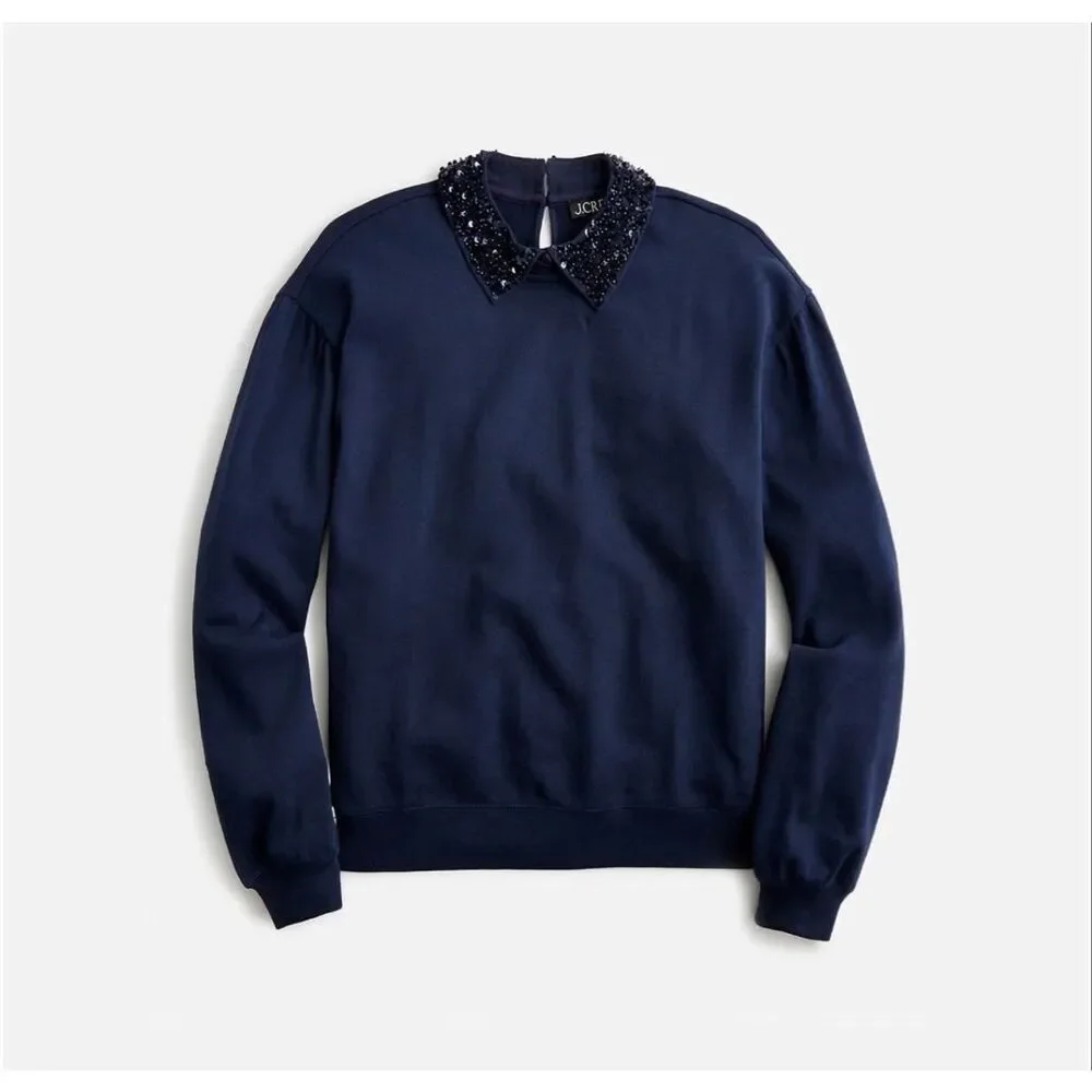 J CREW Crewneck Sweatshirt Top Crystal‎ Peter Pan Collar Navy Blue XS